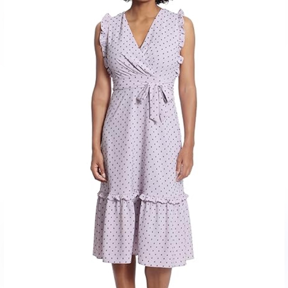 London Times chiffon bow midi dress lavender swiss dot belted size 4 NWT